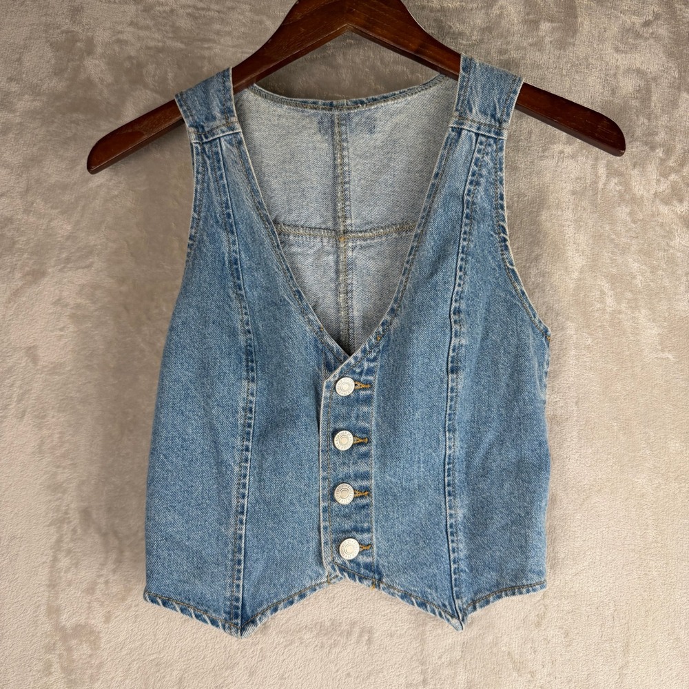 Vintage Style Light Wash Denim Vest V-Neck Button Front Adjustable Cinch Back